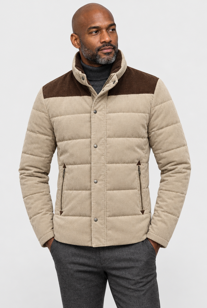 Sand two-tone padded jacket, studio hero