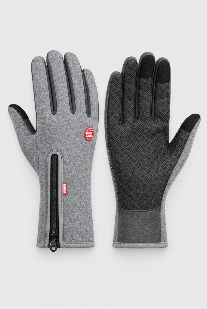 Gray touchscreen zip-cuff gloves, packshot