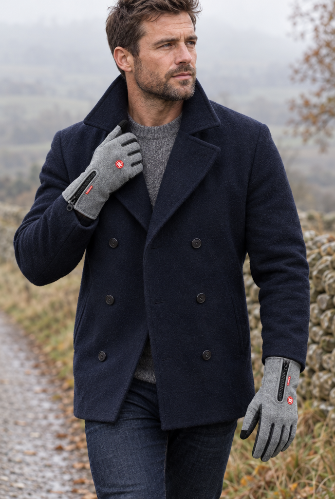 Gray touchscreen zip-cuff gloves, lifestyle