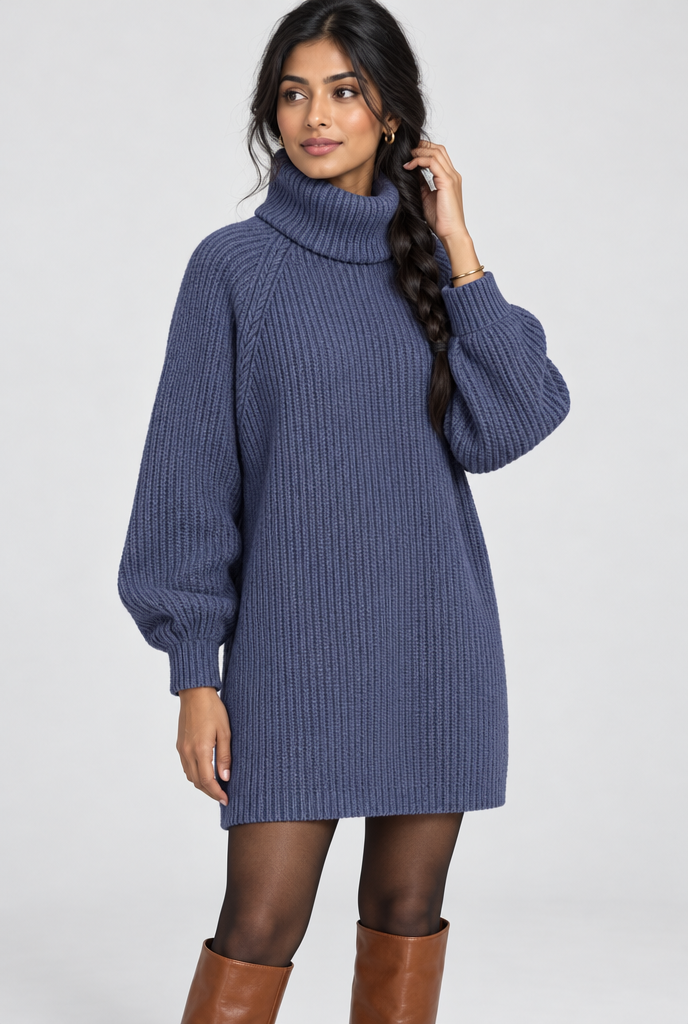 Robe pull col roulé oversize en maille côtelée — Bleu denim — photo principale