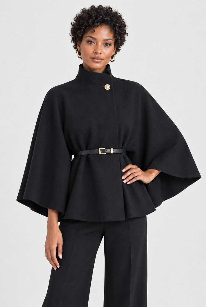 Veste cape ceinturée col montant manches chauve-souris — Noir — studio