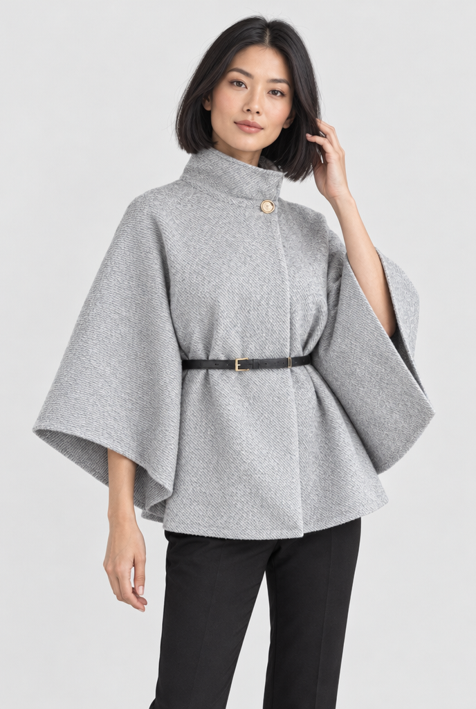 Veste cape ceinturée col montant manches chauve-souris — Gris chiné — studio