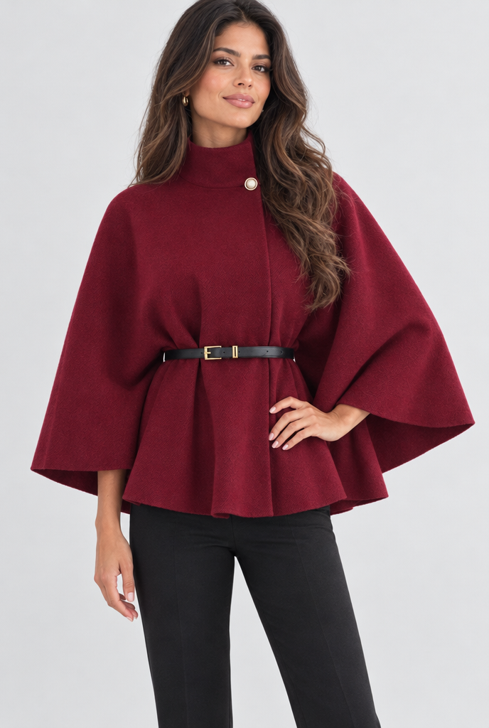 Veste cape ceinturée col montant manches chauve-souris — Bordeaux — studio