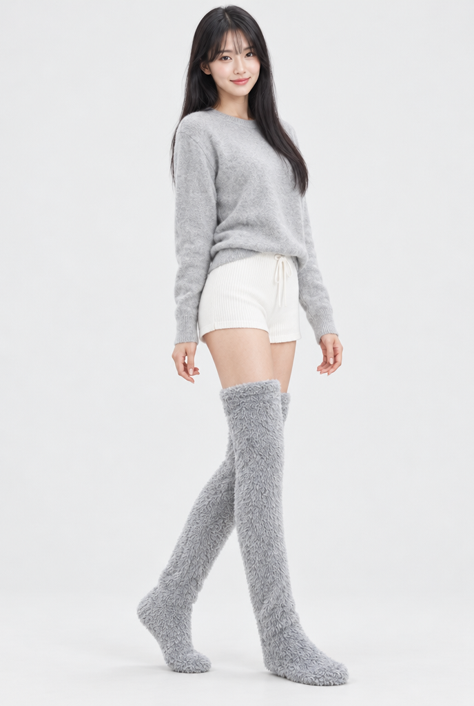 Chaussettes cuissardes en peluche douce — Gris argent — photo principale