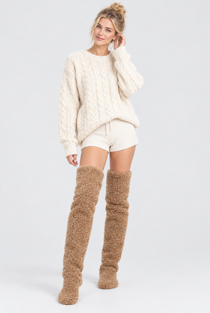 Chaussettes cuissardes en peluche douce — Caramel