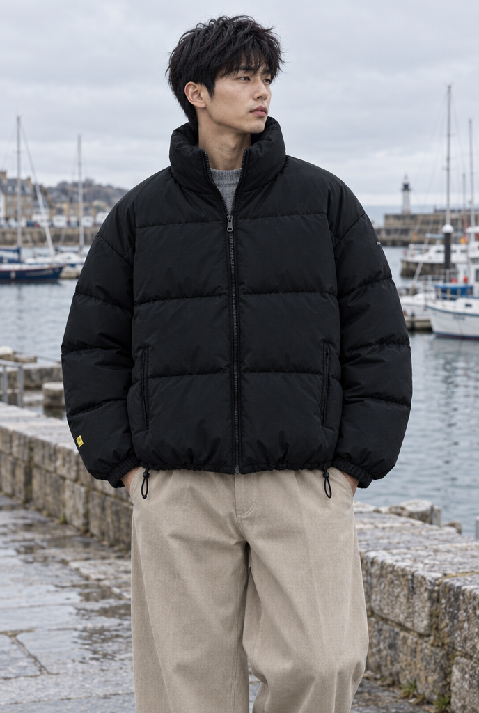 Black oversized stand-collar puffer jacket, harbour promenade