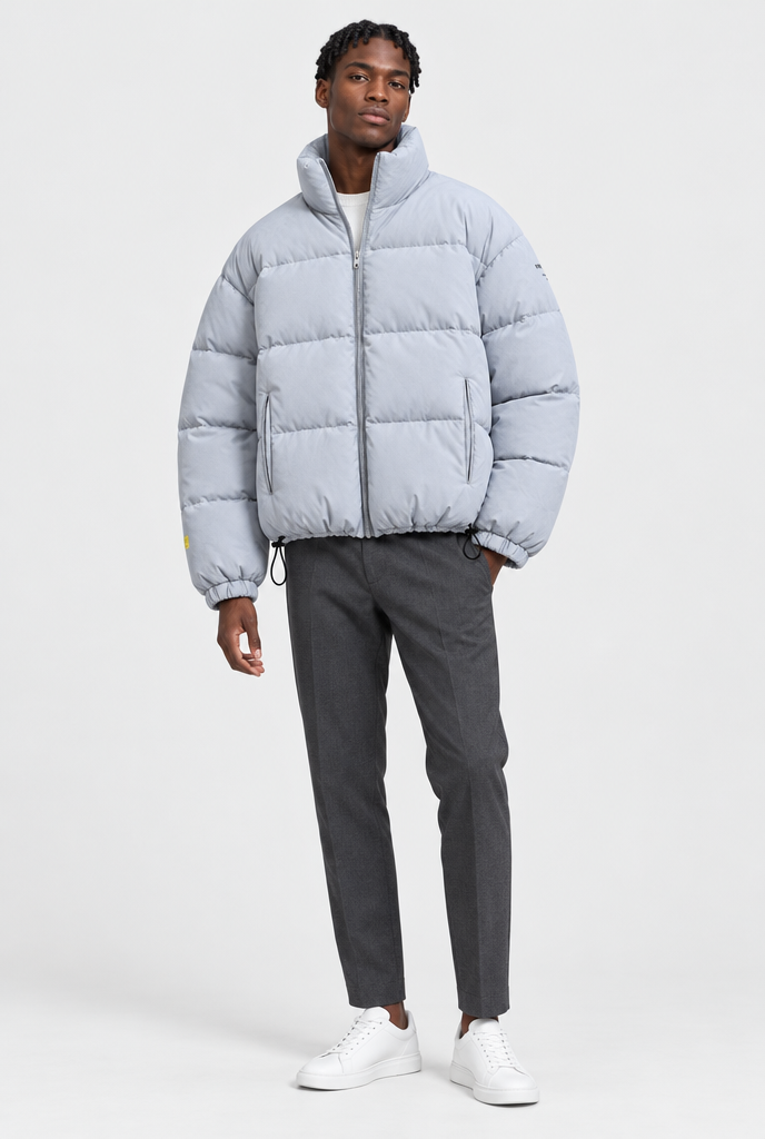 Ice Blue oversized stand-collar puffer jacket, full body