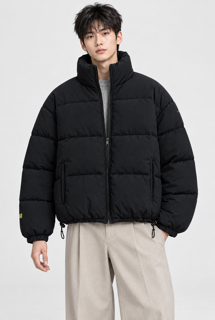 Black oversized stand-collar puffer jacket, studio