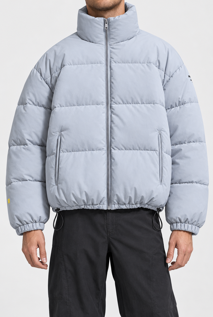 Ice Blue oversized stand-collar puffer jacket, pockets and drawcord hem