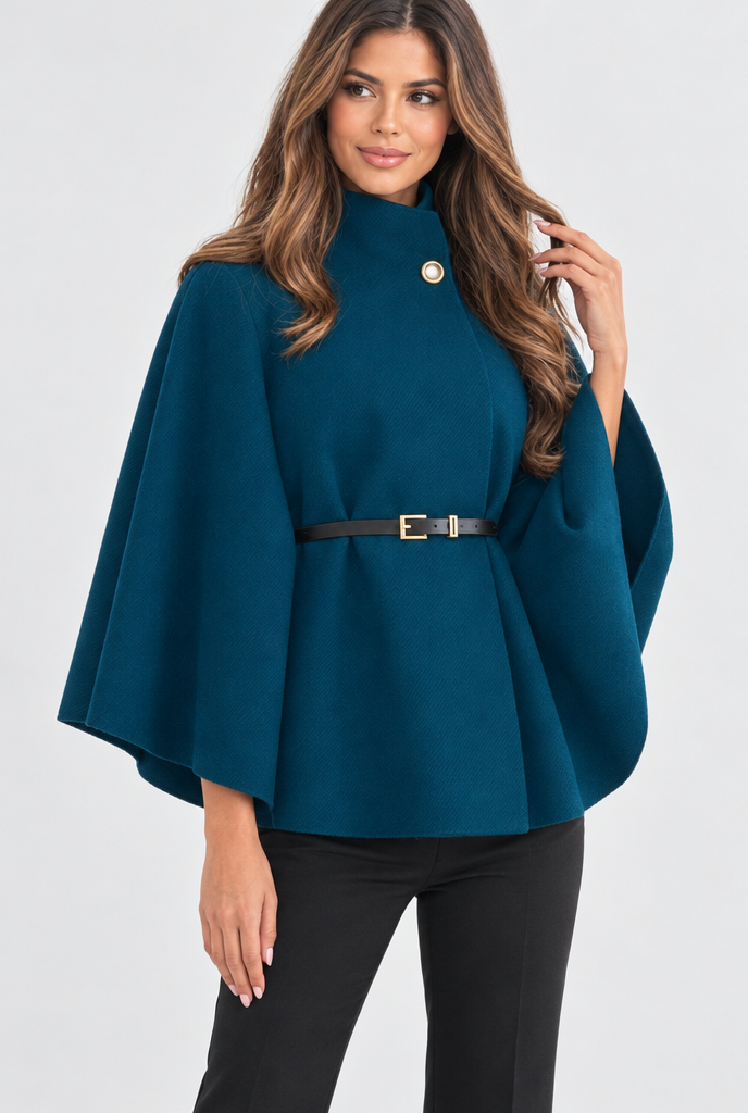 Veste cape ceinturée col montant manches chauve-souris — Bleu canard — studio
