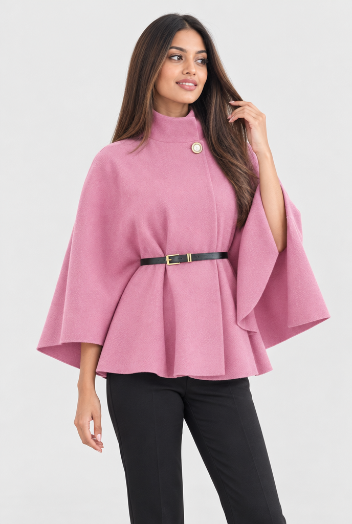 Veste cape ceinturée col montant manches chauve-souris — Rose — studio