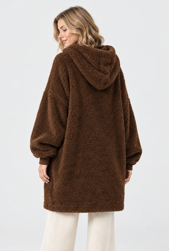 Sweat plaid oversize à capuche en polaire sherpa — Chocolat — vue de dos
