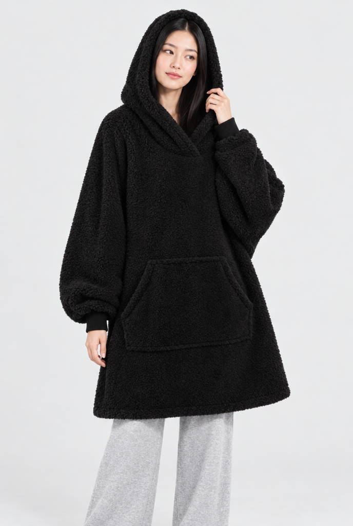 Sweat plaid oversize à capuche en polaire sherpa — Noir — photo principale