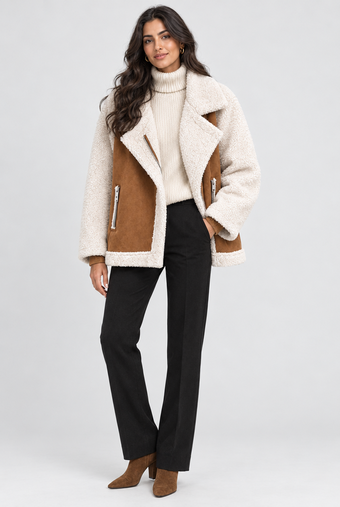 Tan aviator jacket, full body