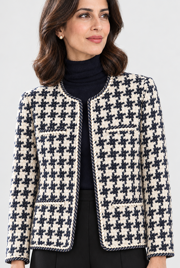 Veste sans col pied-de-poule effet tweed — Pied-de-poule marine — col