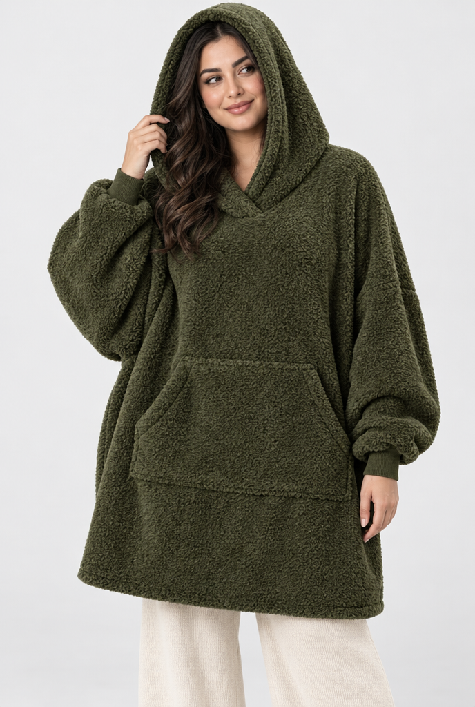 Sweat plaid oversize à capuche en polaire sherpa — Olive — photo principale