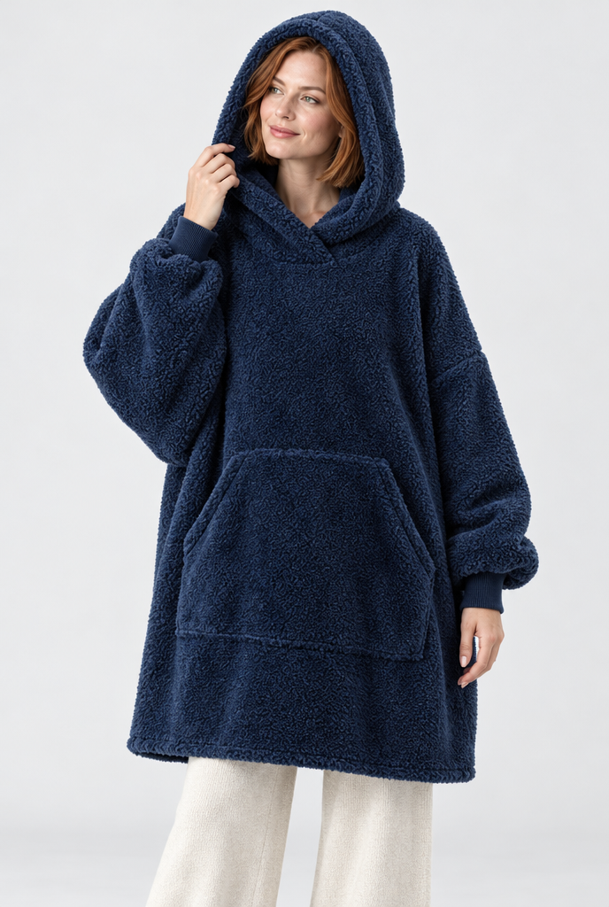 Sweat plaid oversize à capuche en polaire sherpa — Marine — photo principale