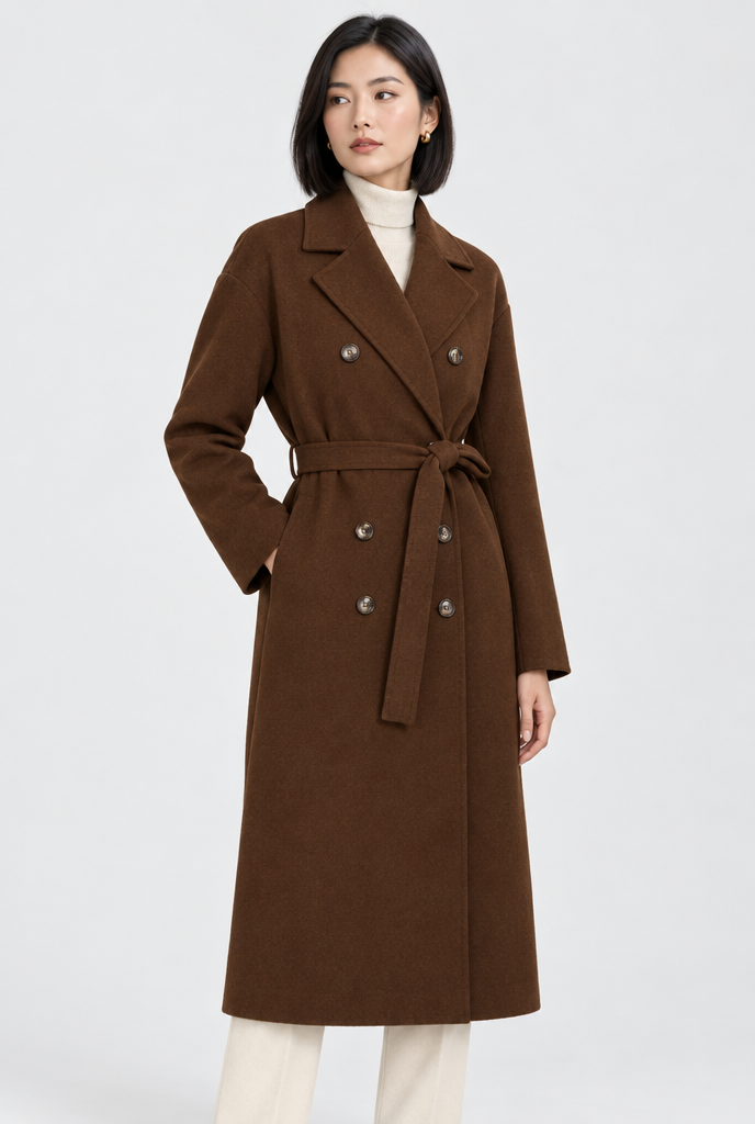Manteau long croisé ceinturé effet laine — Marron chocolat — photo principale