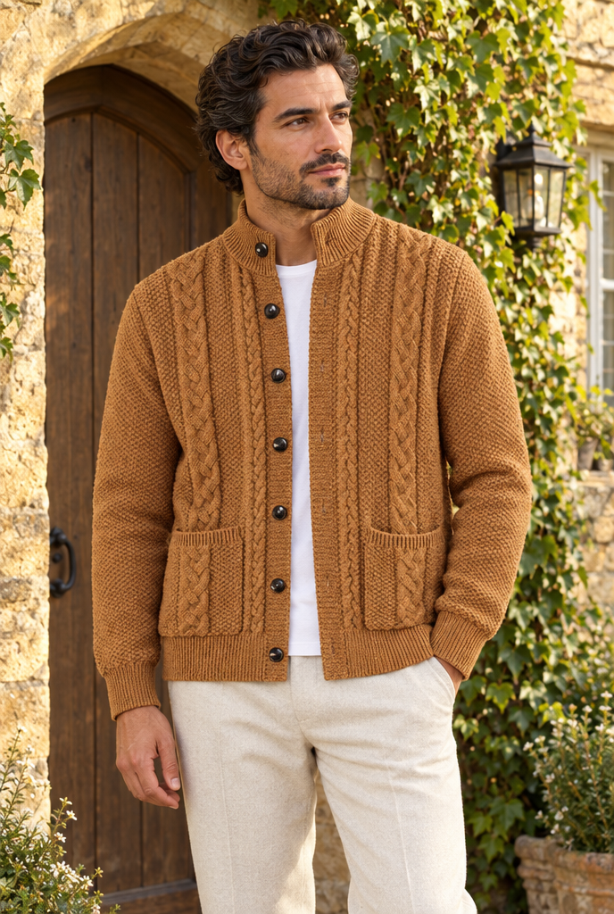 Cardigan torsadé col montant Homme — Caramel — en situation