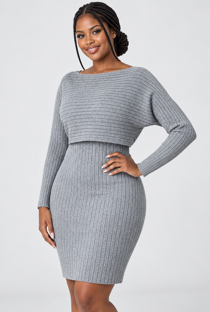 Ensemble pull court et robe nuisette en maille côtelée — Gris chiné clair — photo studio