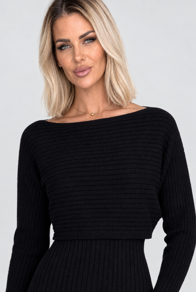 Ensemble pull court et robe nuisette en maille côtelée — Noir — gros plan