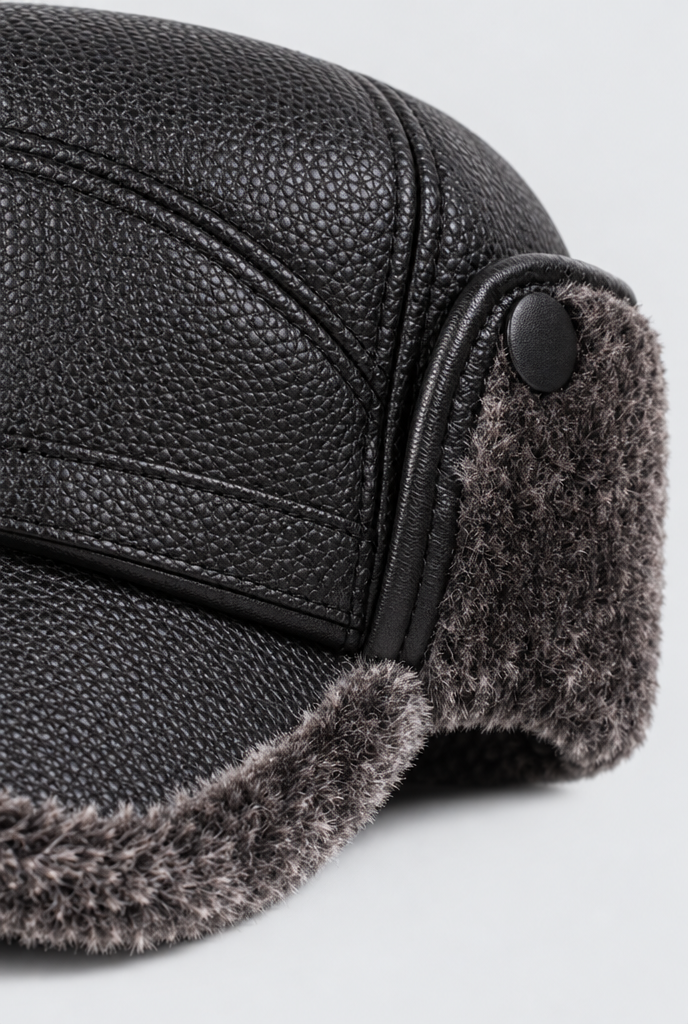 Casquette en simili cuir à cache-oreilles — Noir / peluche grise — gros plan matière