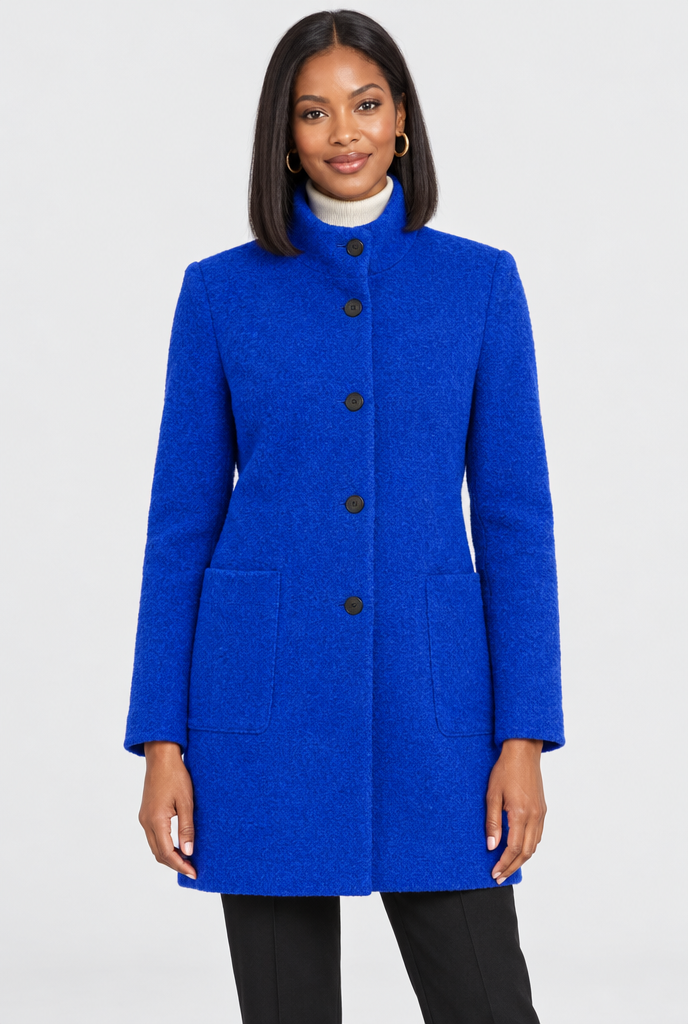Manteau boutonné col montant effet laine — Bleu cobalt — photo studio