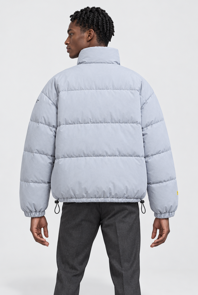 Ice Blue oversized stand-collar puffer jacket, back view