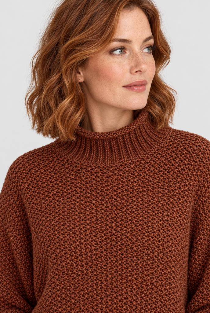 Pull col roulé en grosse maille — Rouille — détail du col
