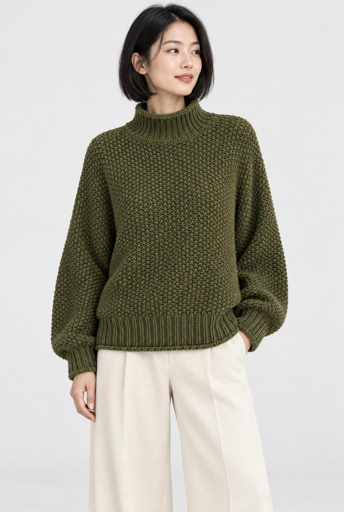 Pull col roulé en grosse maille — Olive — photo studio