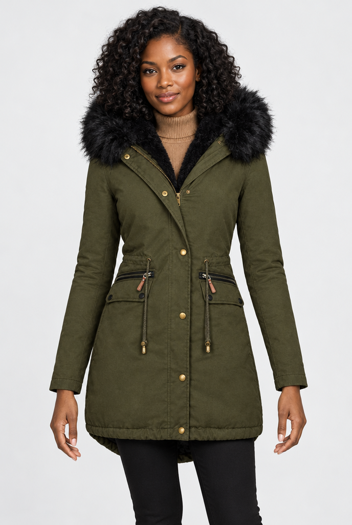 Parka à capuche doublée peluche et fausse fourrure — Olive — photo studio