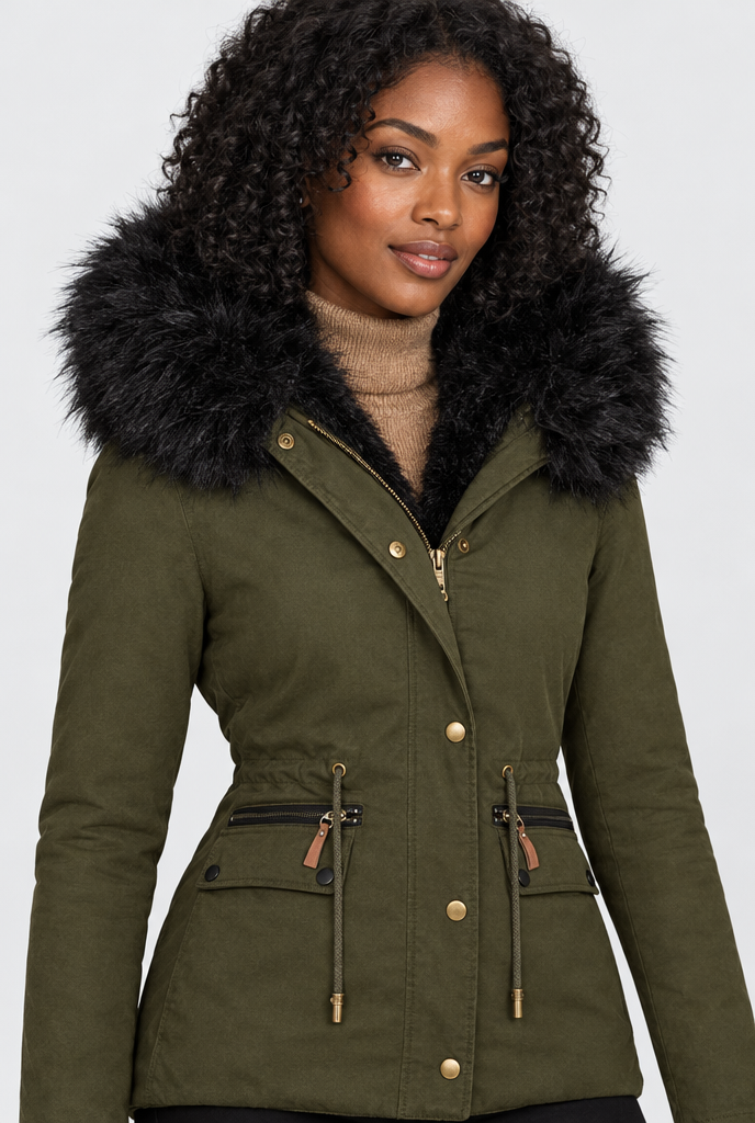 Parka à capuche doublée peluche et fausse fourrure — Olive — détail du col