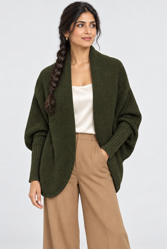Gilet cocon col châle à manches chauve-souris — Olive — photo studio