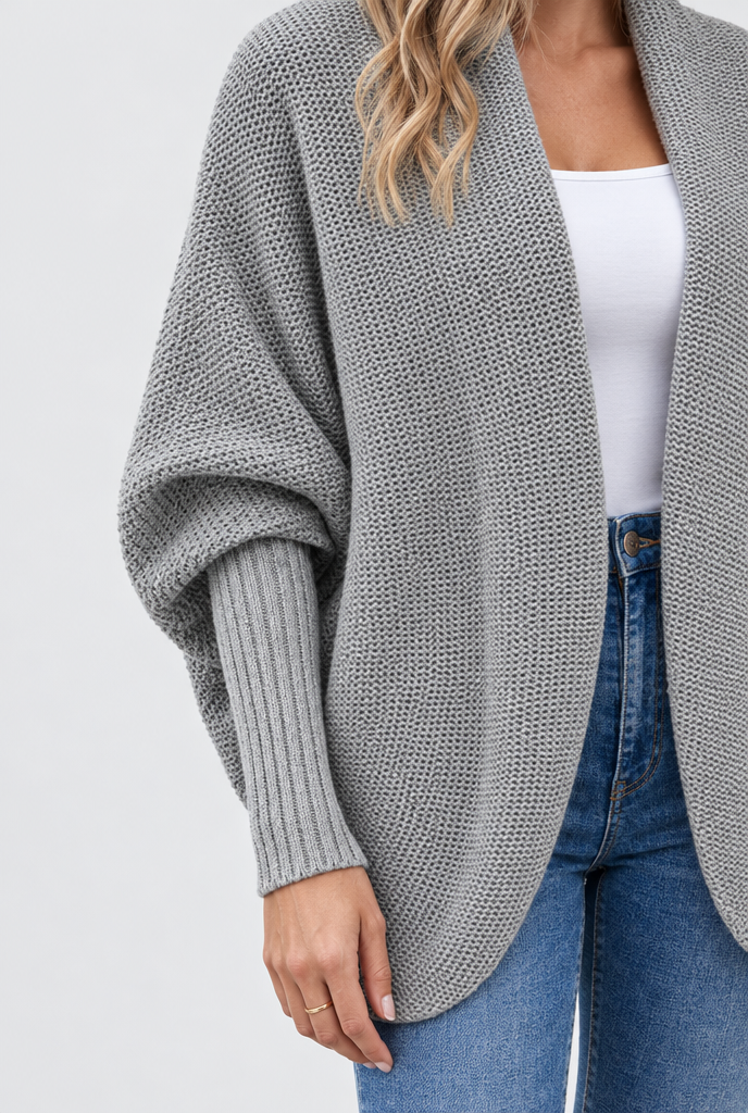 Gilet cocon col châle à manches chauve-souris — Gris chiné clair — détail