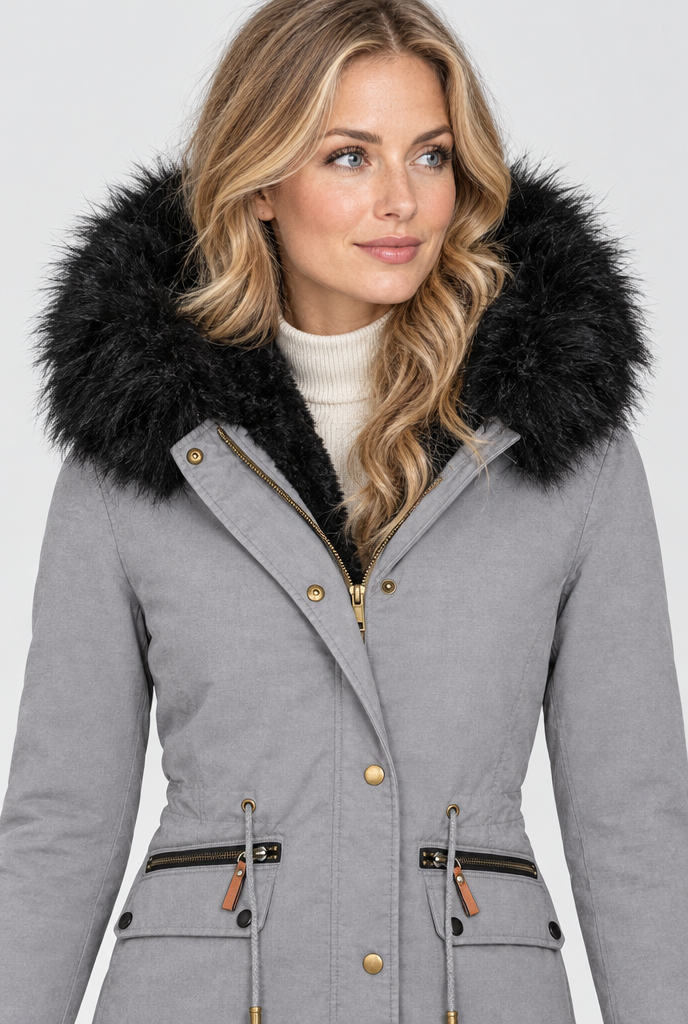 Parka à capuche doublée peluche et fausse fourrure — Gris clair — détail du col
