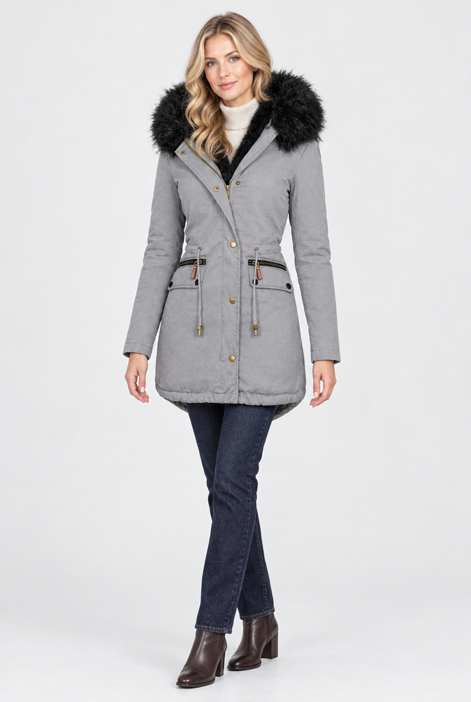 Parka à capuche doublée peluche et fausse fourrure — Gris clair — silhouette complète