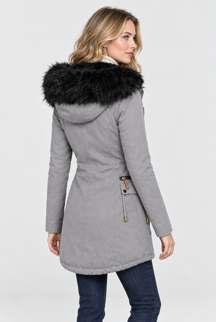 Parka à capuche doublée peluche et fausse fourrure — Gris clair — vue de dos