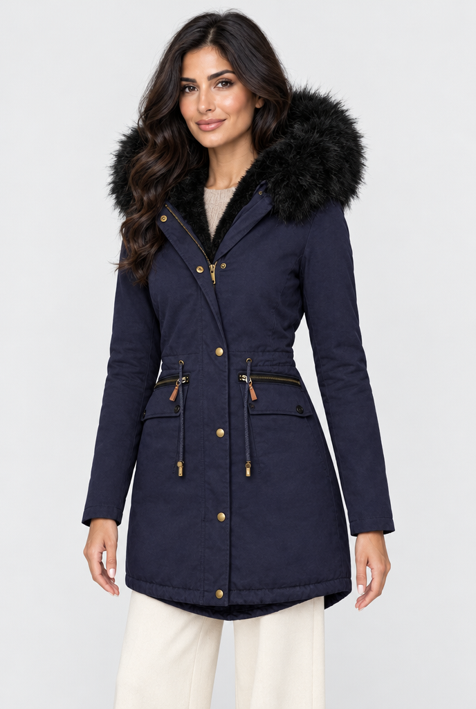 Parka à capuche doublée peluche et fausse fourrure — Marine — photo studio