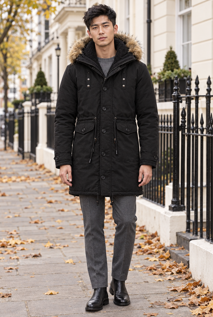Parka doublée polaire à capuche fausse fourrure — Noir — en situation