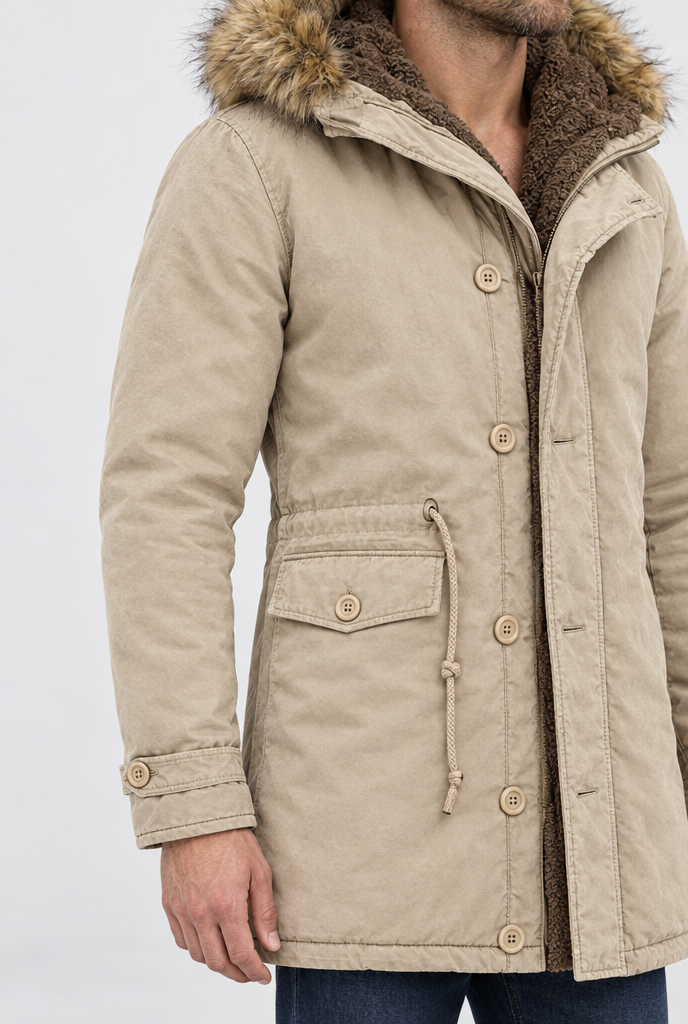 Parka doublée polaire à capuche fausse fourrure — Kaki — détail
