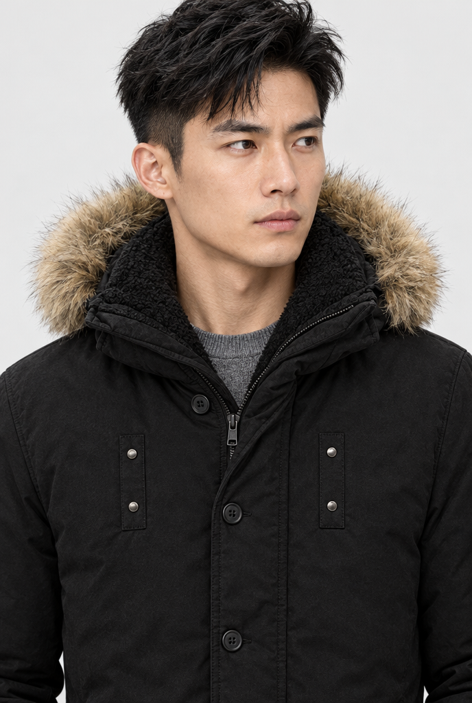 Parka doublée polaire à capuche fausse fourrure — Noir — détail du col