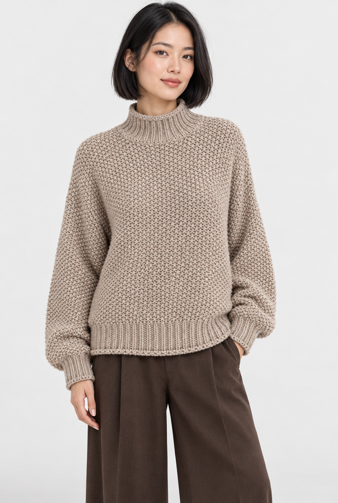 Pull col roulé en grosse maille — Taupe — photo studio