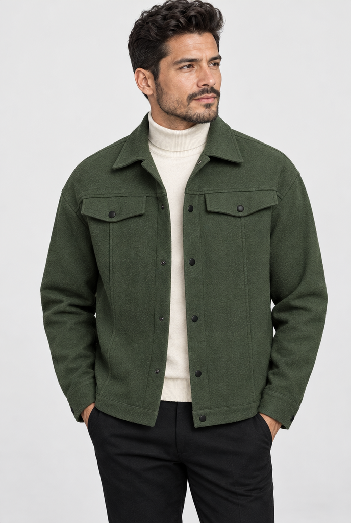 Veste trucker boutonnée effet laine — Olive — photo studio
