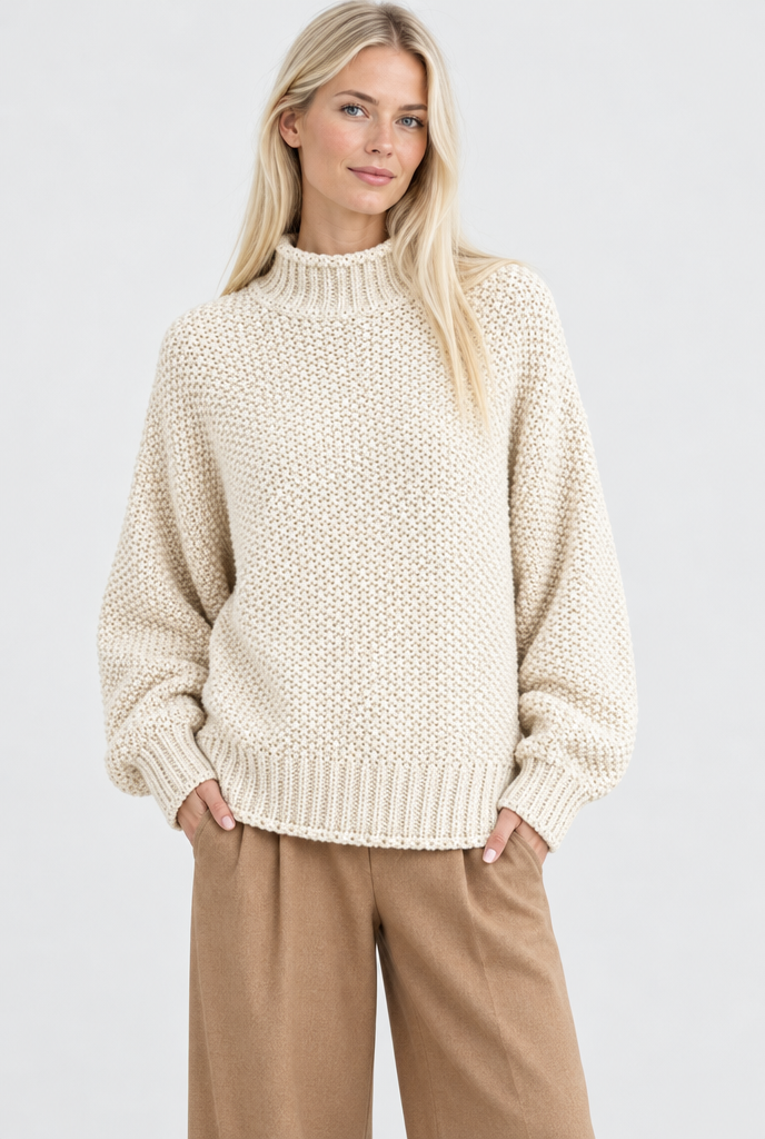Pull col roulé en grosse maille — Crème — photo studio