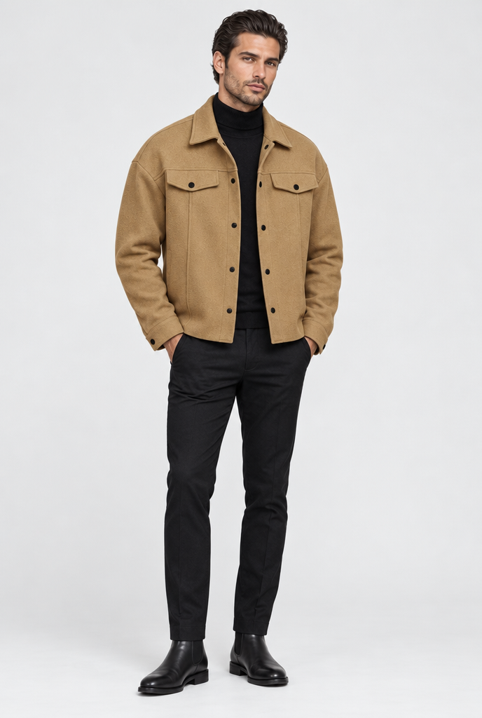 Veste trucker boutonnée effet laine — Camel — silhouette complète