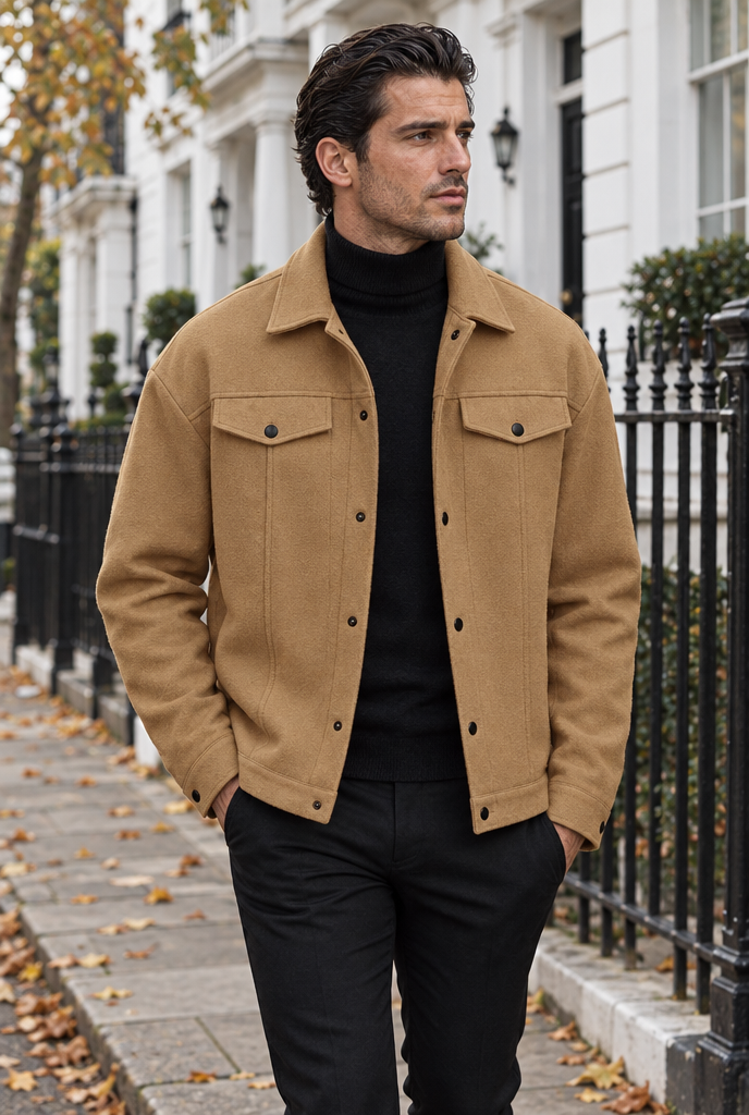 Veste trucker boutonnée effet laine — Camel — en situation