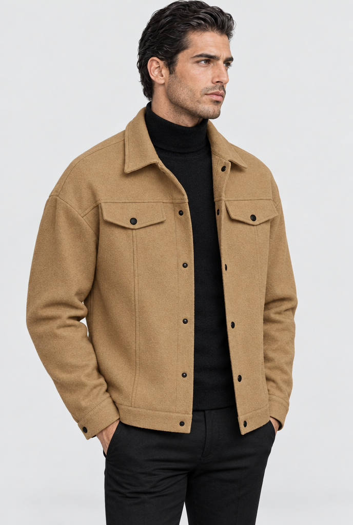 Veste trucker boutonnée effet laine — Camel — photo studio