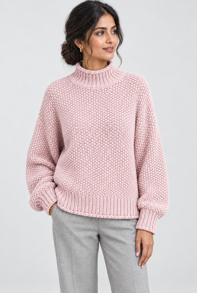 Pull col roulé en grosse maille — Rose poudré — photo studio
