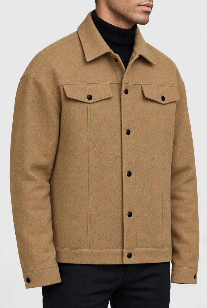 Veste trucker boutonnée effet laine — Camel — détail