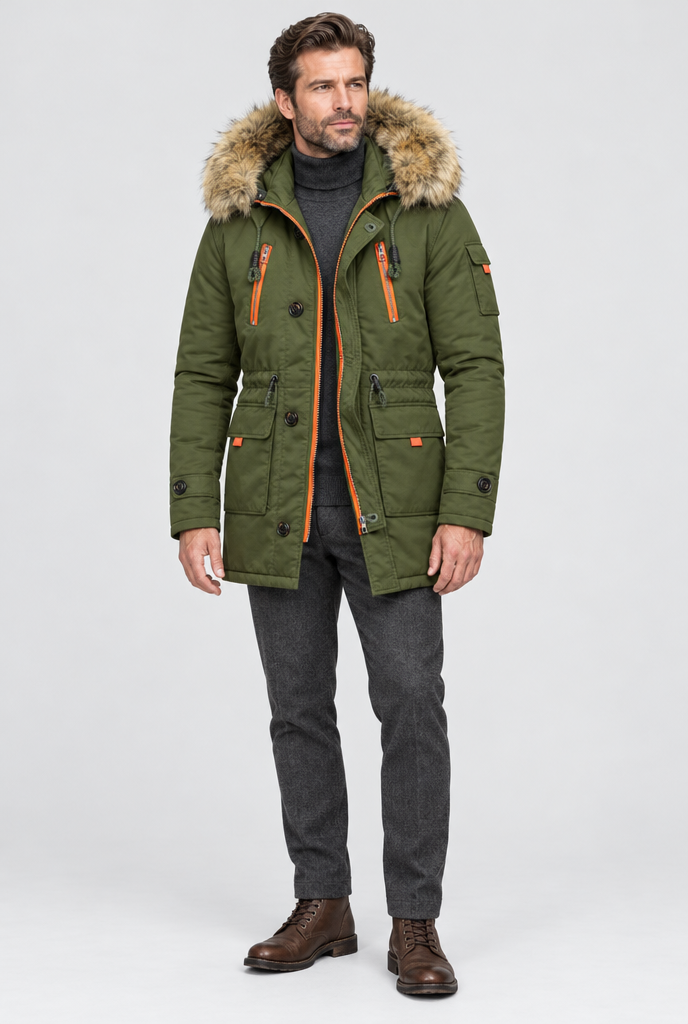 Parka utilitaire matelassée à capuche fausse fourrure — Olive — silhouette complète